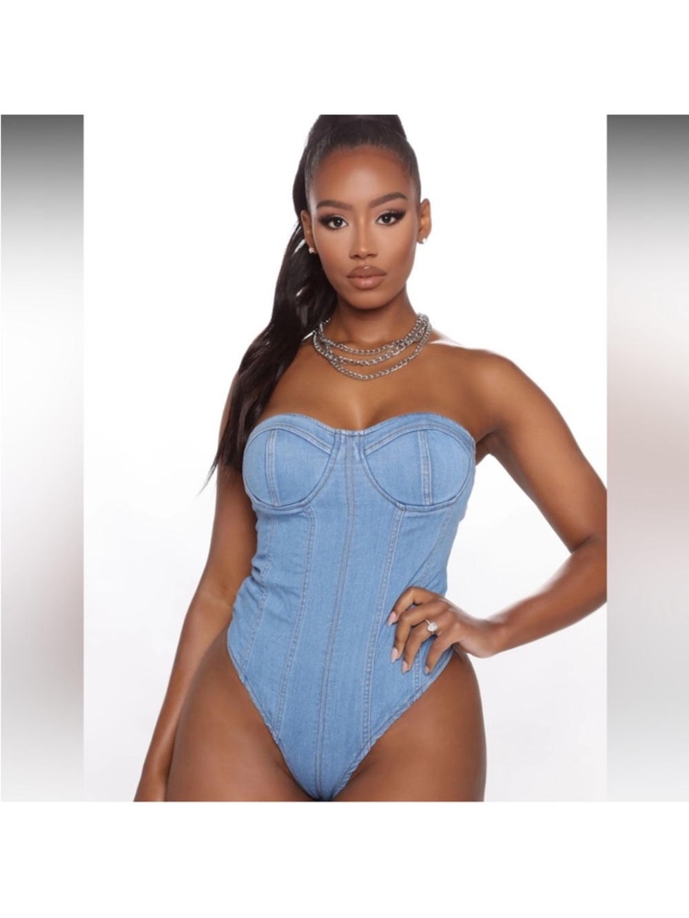 Fashion Nova Light Blue Denim Strapless Bodysuit